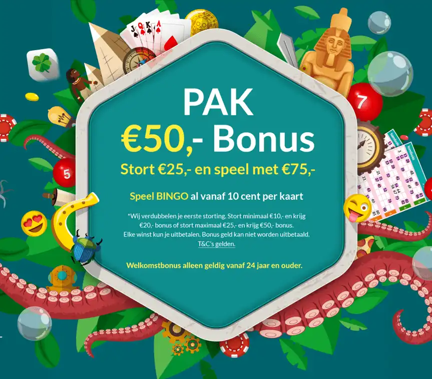 Promotionele afbeelding van 50 euro bonus met bingo en arcade versieringen